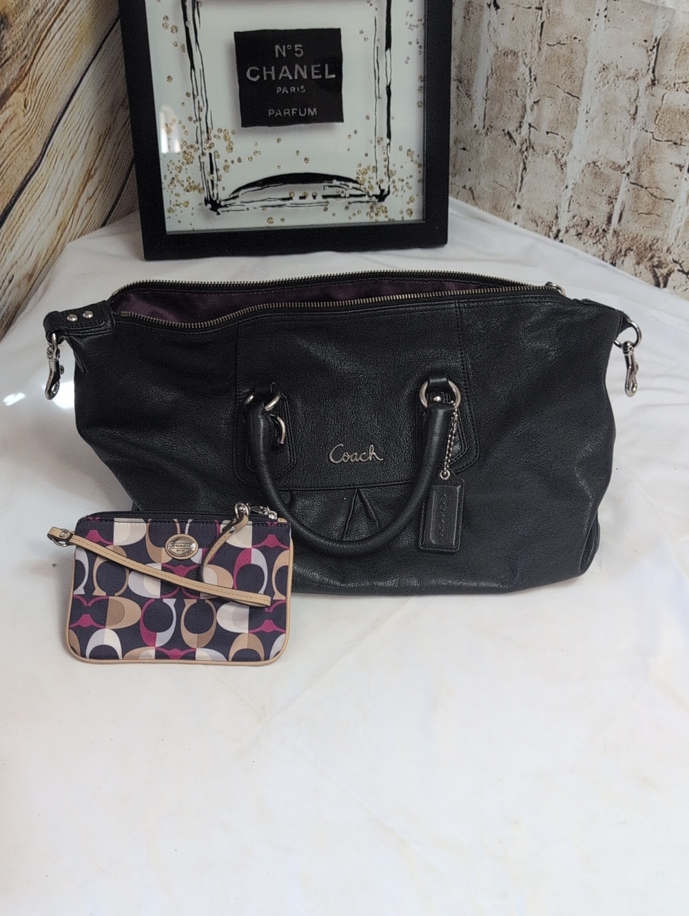 Coach Black Leather Shoulder Bag with Signature Colorful Coach Coin Pouch
